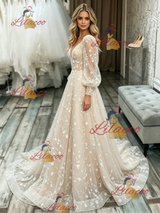 Champagne Lace V-neck Long Sleeve Wedding Dress