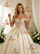 Ivory Satin Off the Shoulder Beading Wedding Dress