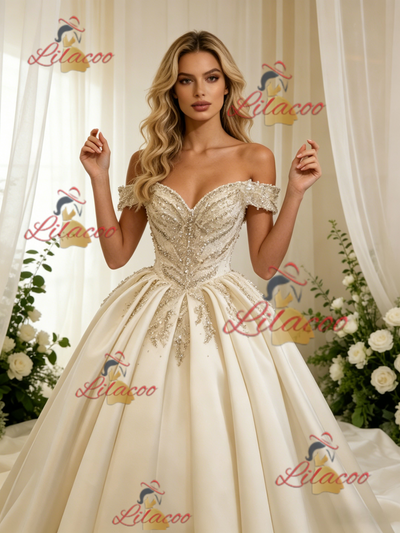 Ivory Satin Off the Shoulder Beading Wedding Dress