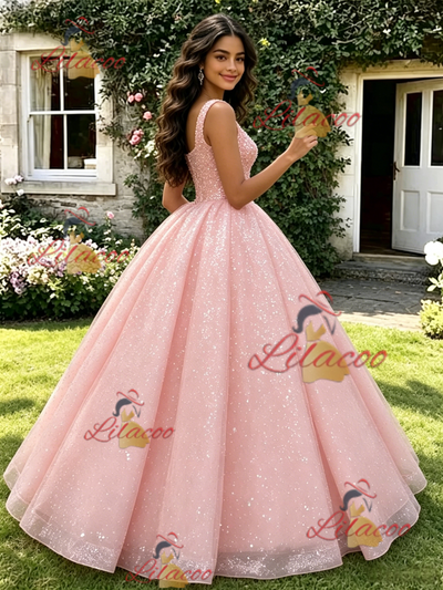 Pink Sequins Straps Quinceanera Dress
