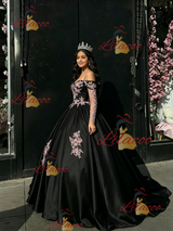 Black Straps Appliques Quinceanera Dress