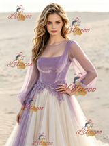Champagne Tulle Long Sleeve Appliques Wedding Dress