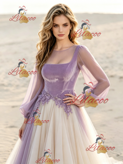 Champagne Tulle Long Sleeve Appliques Wedding Dress