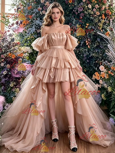 Champagne Tulle Hi Lo Prom Dress
