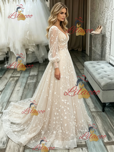 Champagne Lace V-neck Long Sleeve Wedding Dress