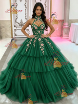Green Tulle Halter Appliques Quinceanera Dress