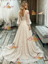 Champagne Lace V-neck Long Sleeve Wedding Dress