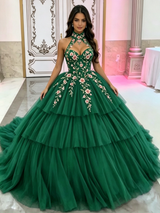 Green Tulle Halter Appliques Quinceanera Dress