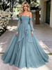 Blue Tulle Long Sleeve Off the Shoulder Pleats Prom Dress