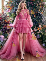 Fuchsia Tulle Hi Lo Long Sleeve Prom Dress