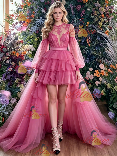 Fuchsia Tulle Hi Lo Long Sleeve Prom Dress