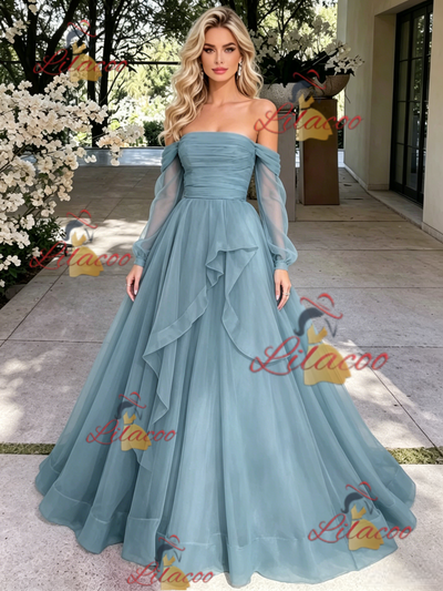 Blue Tulle Long Sleeve Off the Shoulder Pleats Prom Dress
