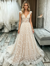 Champagne Lace V-neck Wedding Dress