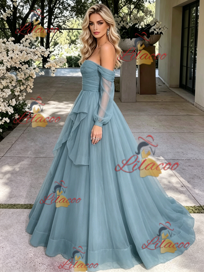 Blue Tulle Long Sleeve Off the Shoulder Pleats Prom Dress