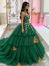 Green Tulle Halter Appliques Quinceanera Dress