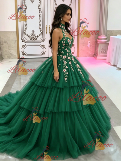 Green Tulle Halter Appliques Quinceanera Dress