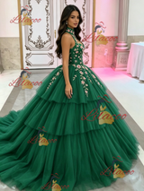 Green Tulle Halter Appliques Quinceanera Dress