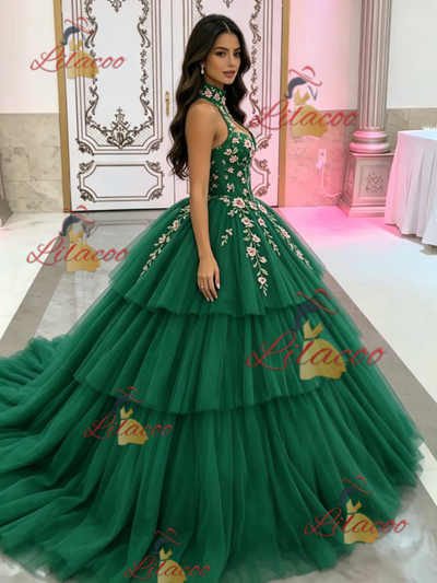 Green Tulle Halter Appliques Quinceanera Dress