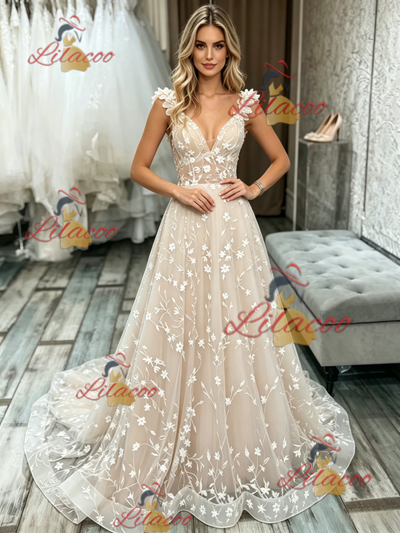 Champagne Lace V-neck Wedding Dress