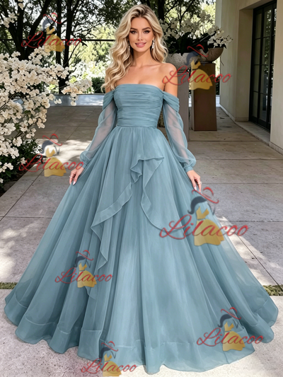 Blue Tulle Long Sleeve Off the Shoulder Pleats Prom Dress