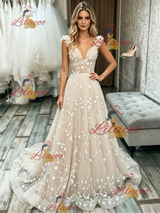 Champagne Lace V-neck Wedding Dress