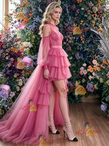 Fuchsia Tulle Hi Lo Long Sleeve Prom Dress