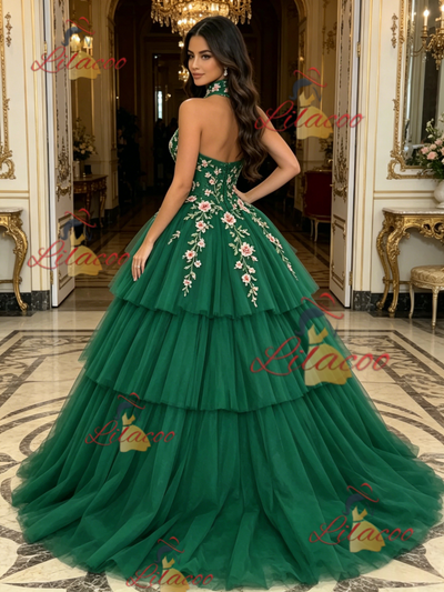 Green Tulle Halter Appliques Quinceanera Dress