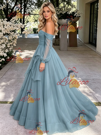 Blue Tulle Long Sleeve Off the Shoulder Pleats Prom Dress