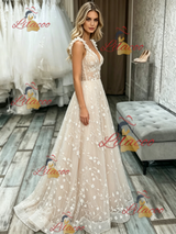 Champagne Lace V-neck Wedding Dress
