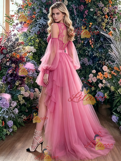 Fuchsia Tulle Hi Lo Long Sleeve Prom Dress