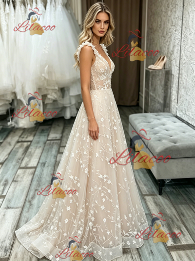 Champagne Lace V-neck Wedding Dress