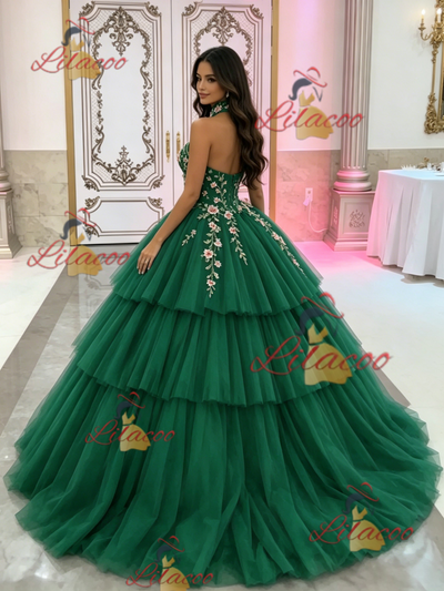 Green Tulle Halter Appliques Quinceanera Dress