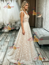 Champagne Lace V-neck Wedding Dress