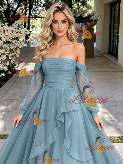Blue Tulle Long Sleeve Off the Shoulder Pleats Prom Dress