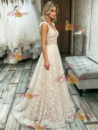 Champagne Lace V-neck Wedding Dress