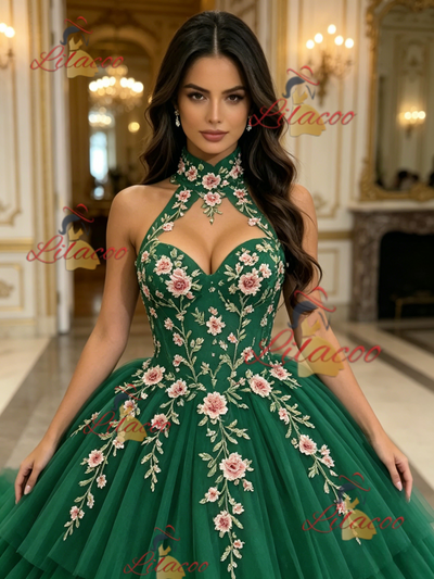 Green Tulle Halter Appliques Quinceanera Dress