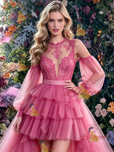 Fuchsia Tulle Hi Lo Long Sleeve Prom Dress