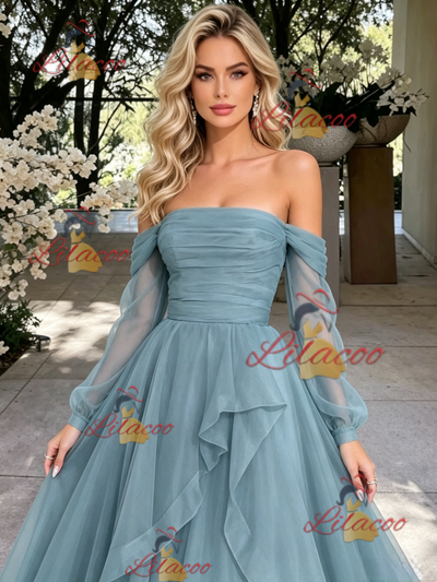 Blue Tulle Long Sleeve Off the Shoulder Pleats Prom Dress