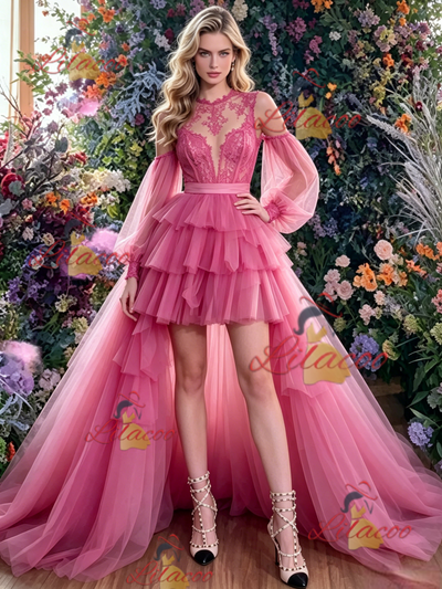 Fuchsia Tulle Hi Lo Long Sleeve Prom Dress
