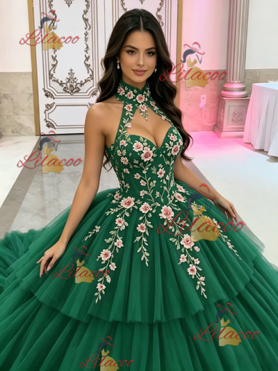 Green Tulle Halter Appliques Quinceanera Dress