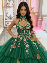 Green Tulle Halter Appliques Quinceanera Dress