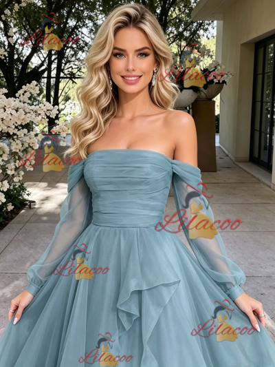 Blue Tulle Long Sleeve Off the Shoulder Pleats Prom Dress
