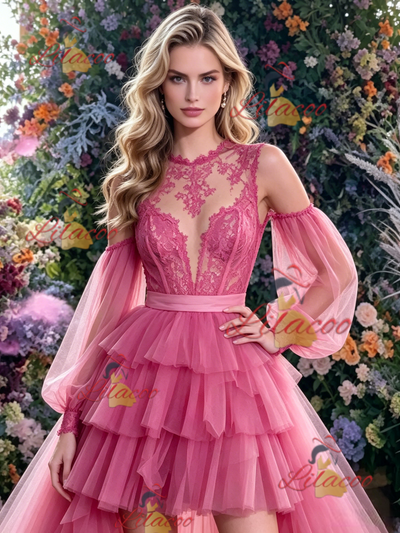 Fuchsia Tulle Hi Lo Long Sleeve Prom Dress