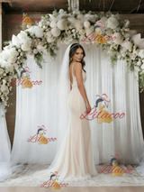 White Tulle V-neck Backless Wedding Dress