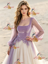 Champagne Tulle Long Sleeve Appliques Wedding Dress