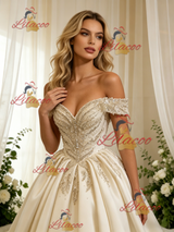 Ivory Satin Off the Shoulder Beading Wedding Dress
