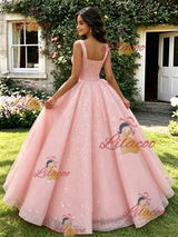 Pink Sequins Straps Quinceanera Dress
