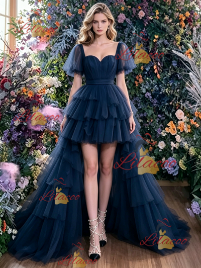 Navy Blue Tulle Hi Lo Prom Dress