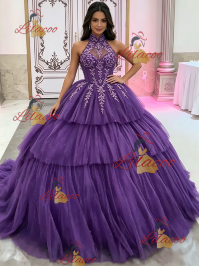 Green Tulle Halter Appliques Quinceanera Dress