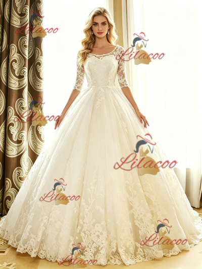 White Tulle Lace Short Sleeve Wedding Dress